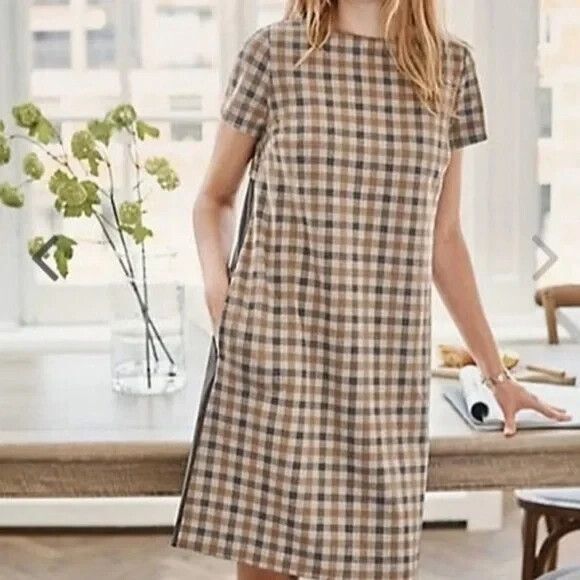 J Jill Ponte Shift Dress Size S Gray Tan Check Short Sleeve Knee Length - Picture 8 of 12